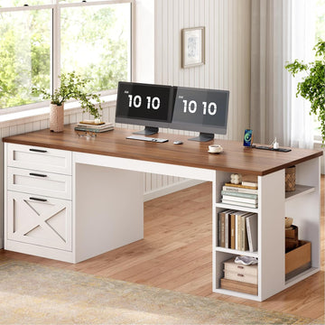 55.1" Farmhouse Office Desk with 3 Drawers, Executive Desk with File Drawer & Storage Shelves