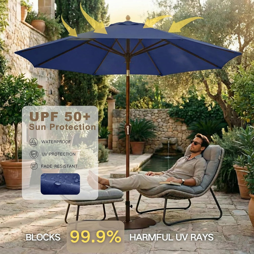 10FT Outdoor Patio Umbrella, Round Market Table Umbrella with Push‑Button Tilt and Crank Lift, 8 Sturdy Metal Ribs
