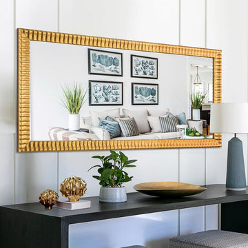 22" x 46" Decorative Wall Mirror Decor, Large Gold Mirror with 3D Wave Wood Carved Frame, Unique Rectangle Wall Decor