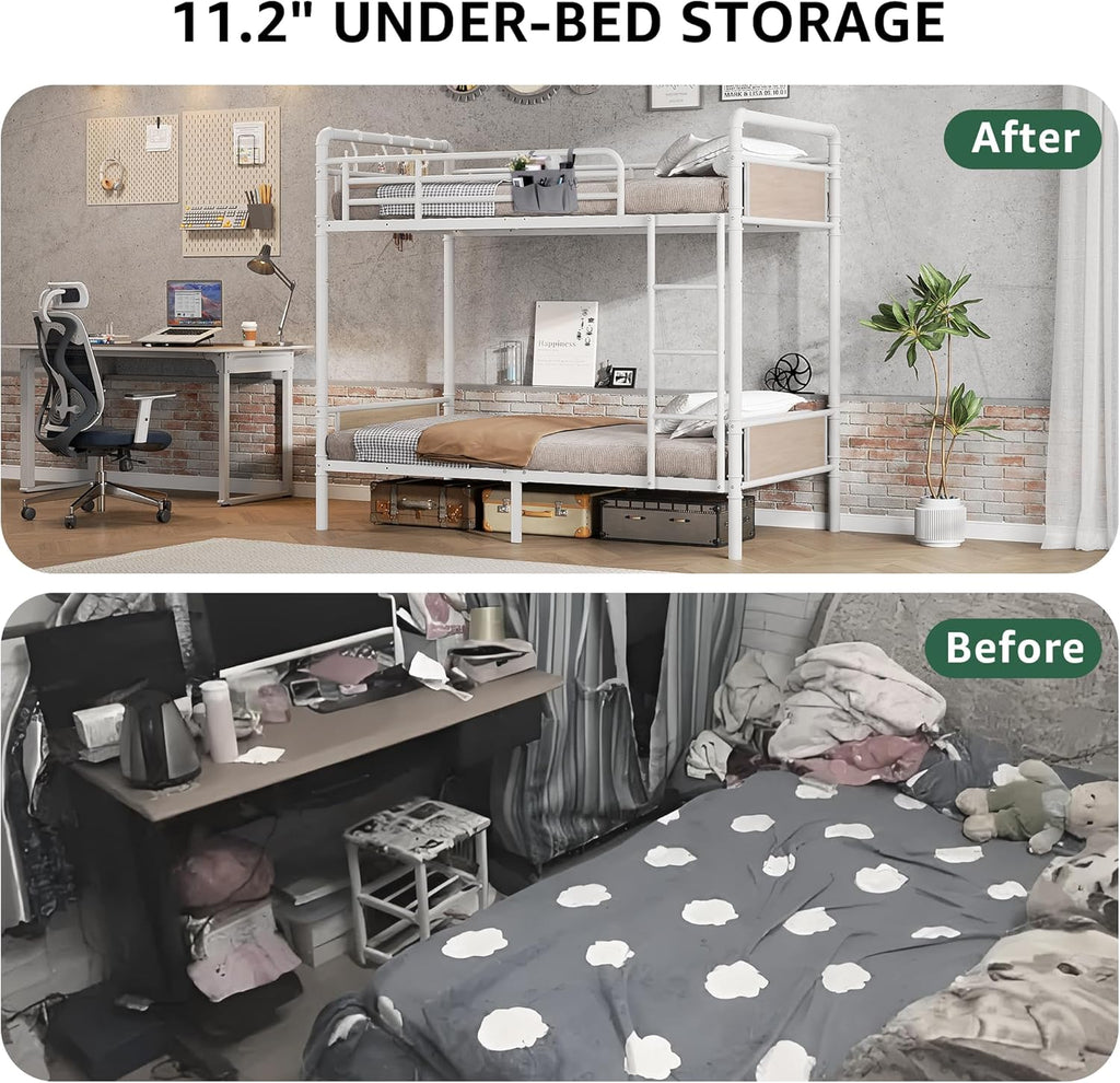 Metal Bunk Bed Twin Over Twin, Industrial Bunkbeds Heavy Duty Bed with Safety Guard Rails and Space-Saving Design