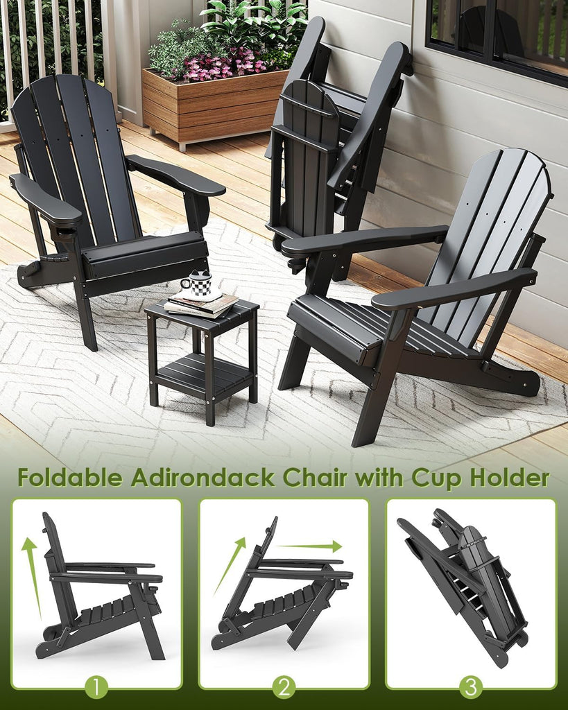 Folding-Adirondack-Chairs Set of 2, HDPE All Weather, Black | Hidden Cup Holder | 5" Wide Armrests | Foldable Fire