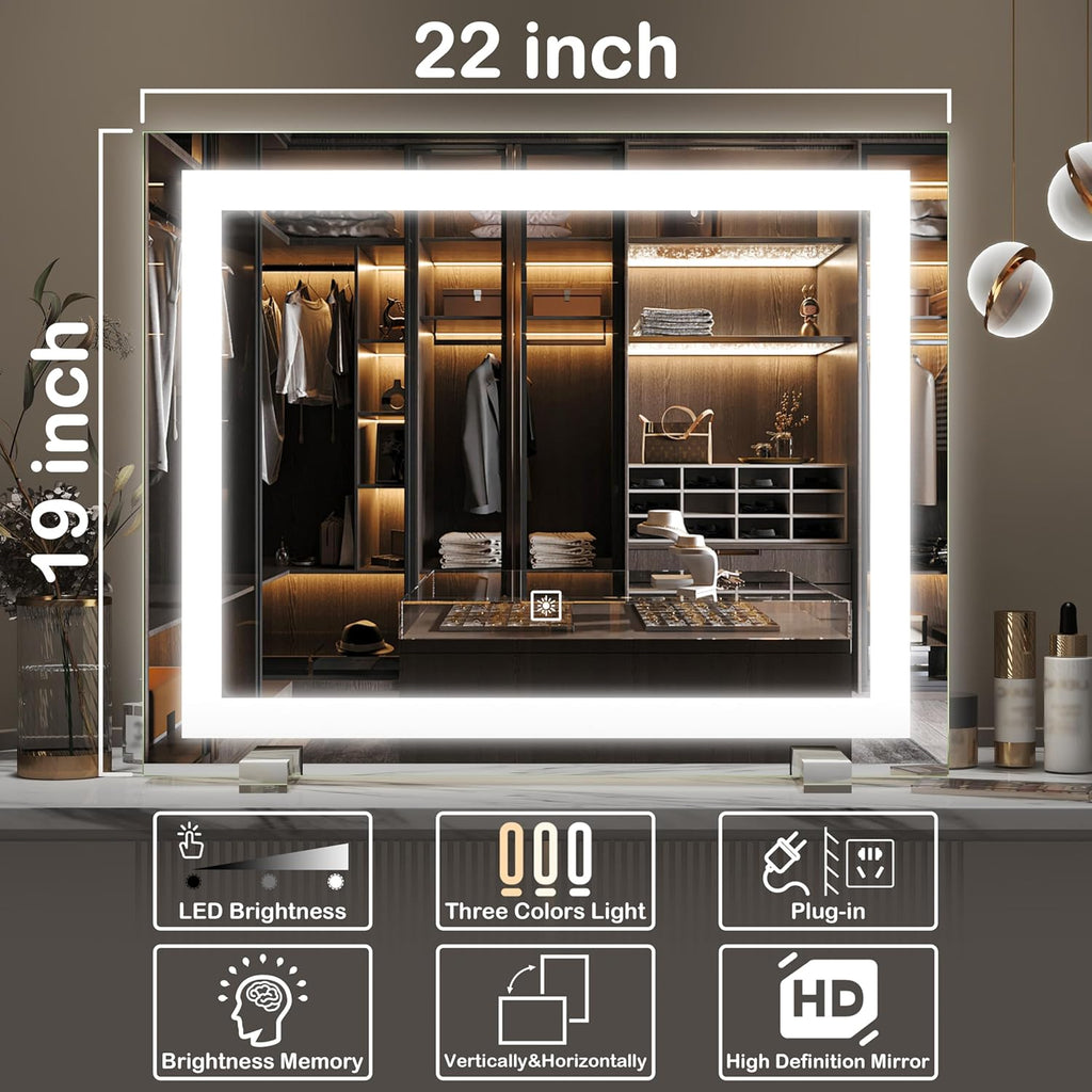 Vanity Mirror with Lights，20"x23" Lighted Makeup Mirror, Large Makeup Mirror with Lights, Touch Sensor with Dimmable 3
