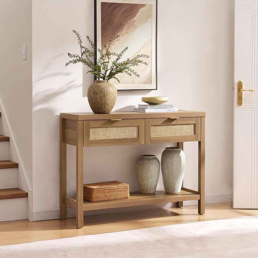 Console Table with Rattan Drawers - Boho Rattan Entryway Table with Storage, Small Console Tables , Entry Tables