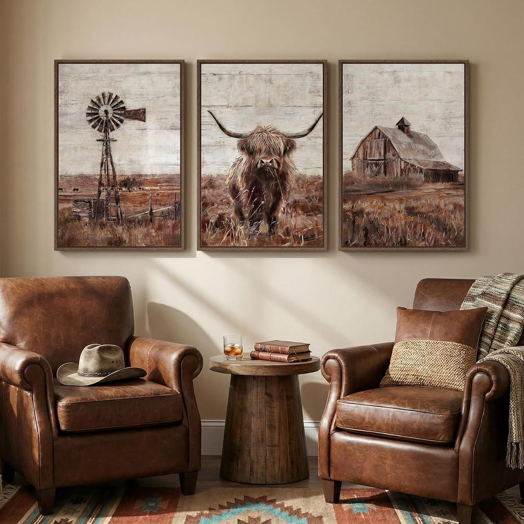 Framed Highland Cow Wall Art , Set of 3 Pieces Modern Farmhouse Canvas Prints, Brown Rustic Country Barn Wall Decor