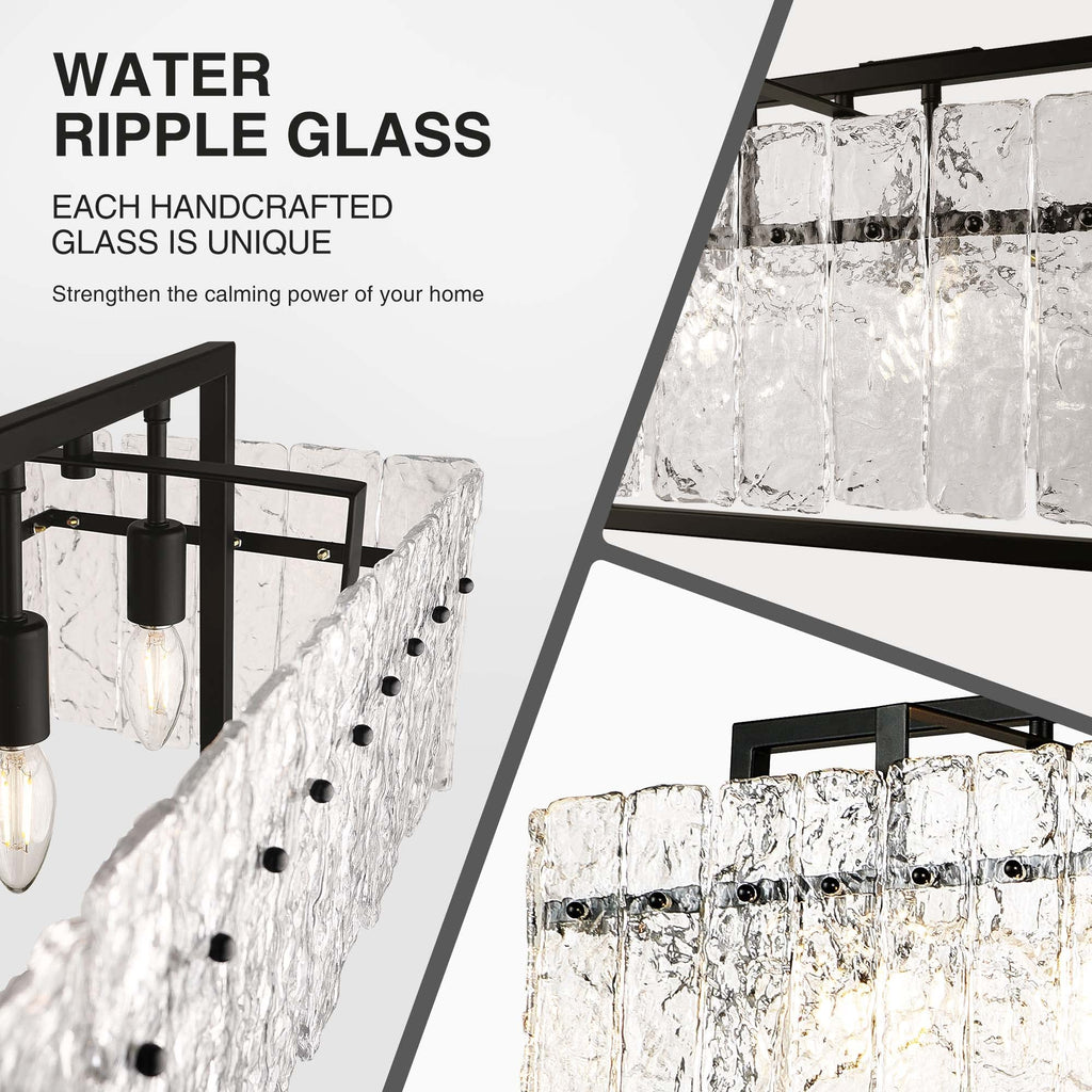 Modern Rectangle Black Crystal Chandeliers, 42" Large Rectangular Water Ripple Glass Island Light Fixture, Linear