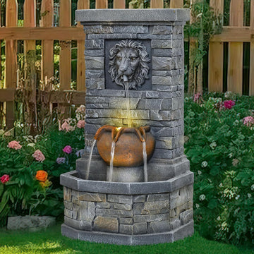 32'' Outdoor Water Fountain, Lion Head Floor-Standing Stone Waterfall Fountain with LED Lights