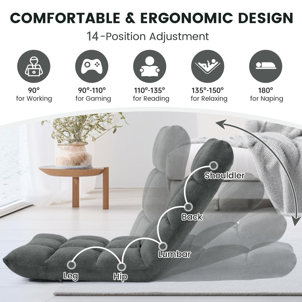 Floor Chair with Back Support, 14 Adjustable Position, Dark Grey