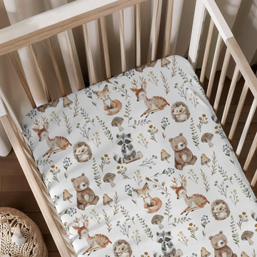 Cute Forest Animals Leaves Mushroom Pattern Baby Sheets for Crib, Unisex Bear Deer Raccoon Hedgehog Nursery Fitted