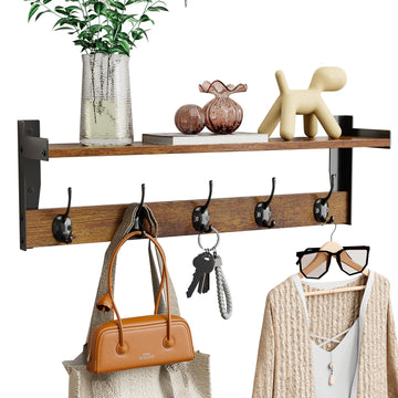 Coat Rack with Wall Mount, 23 Inch Long Entryway Wall Shelf with Hooks, Wood Hanger with Storage Shelf, Rustic Brown