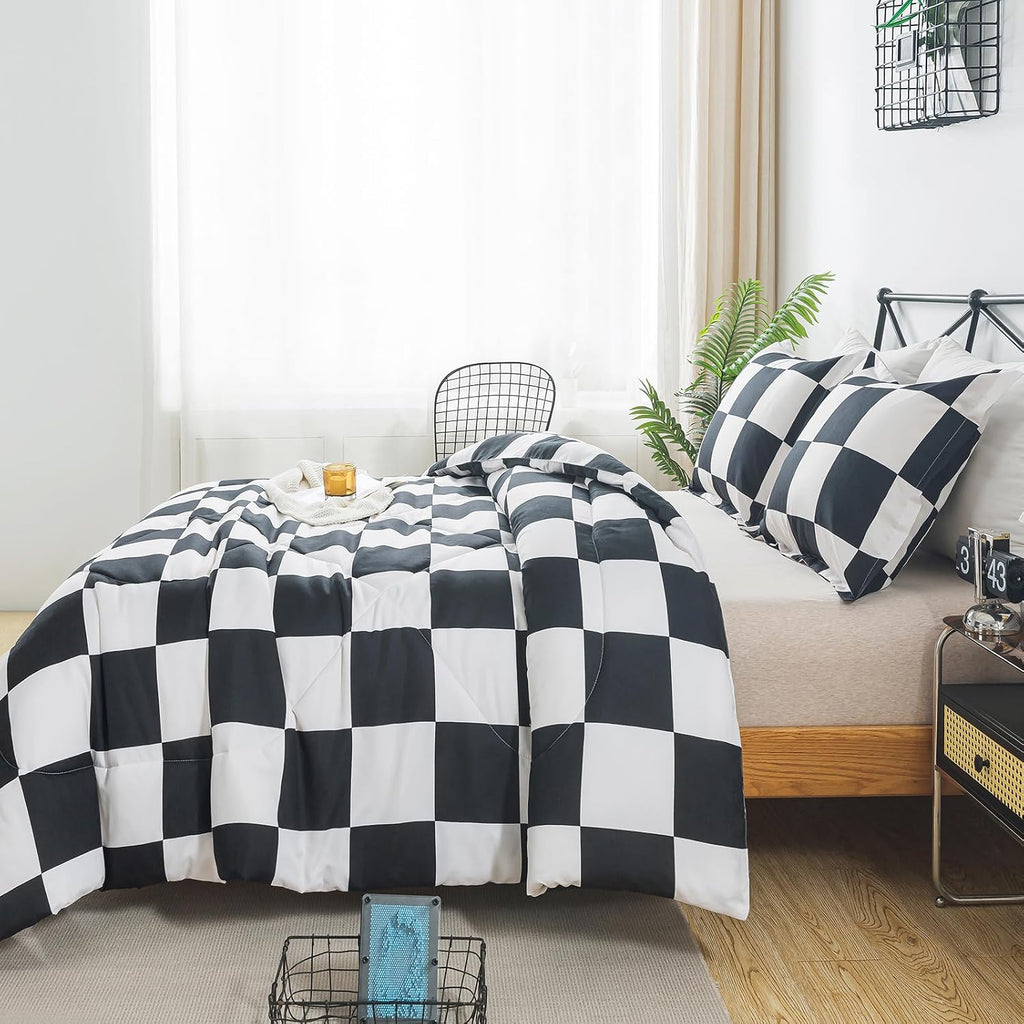 Black and White Checkered Comforter Set, Plaid Checkered Boys Bedding Set for All Seasons, Farmhouse Soft