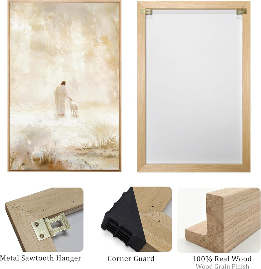 Large Framed Christian 3 Piece Wall Art, Jesus Leaves the 99 Sheep Canvas Prints, Neutral Gold Forest Misty
