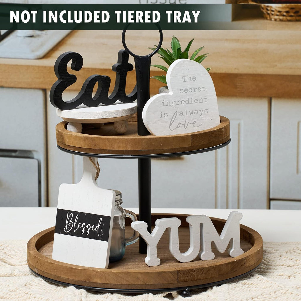 GENMOUS Farmhouse Kitchen Tiered Tray Decor Items Mini Set, Rustic Black and White Kitchen Counter Decor, Two Tiered - Set of 4