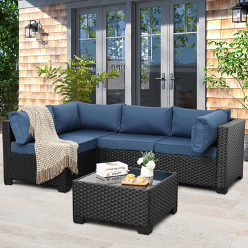 Outdoor 5 Piece Patio Furniture Set, Black Rattan Conversation Couch Resin Wicker Sectional Sofa Outside Chair with