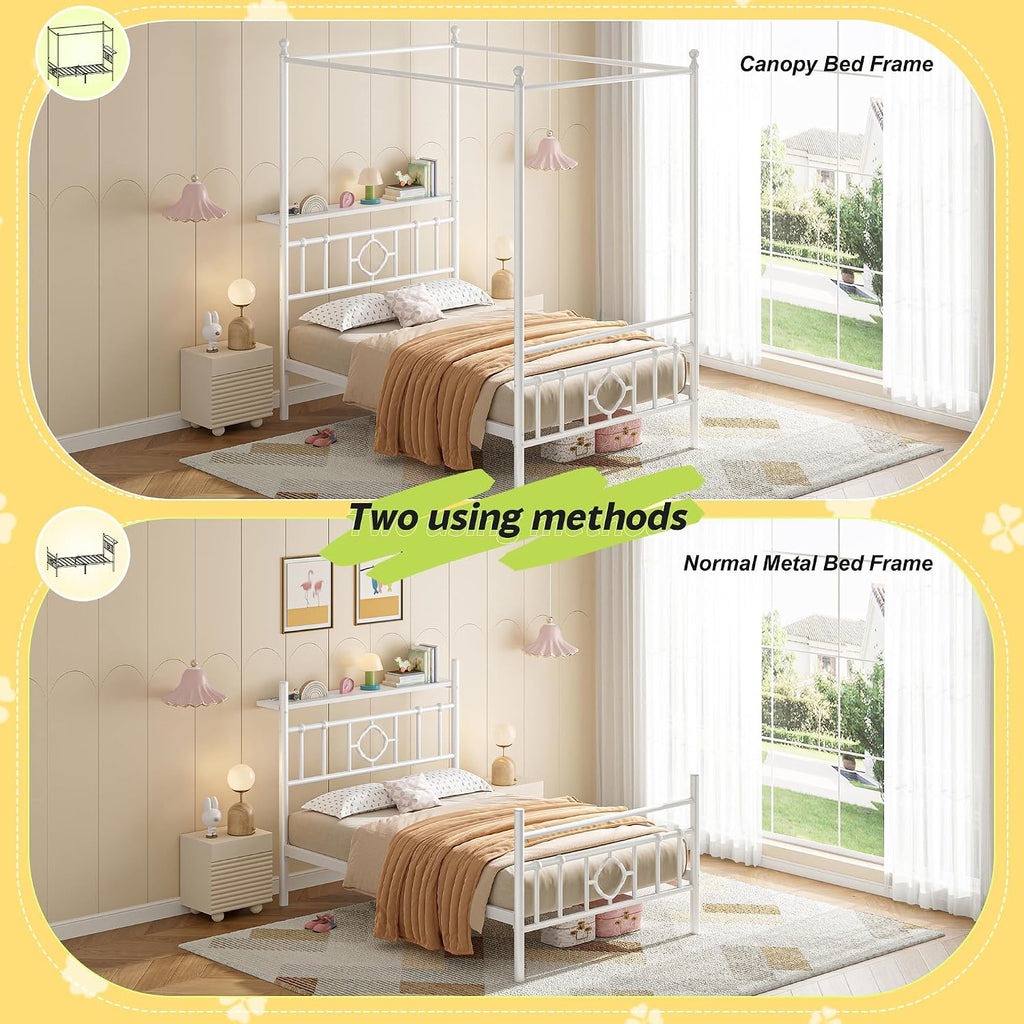 Twin Canopy Bed Frame with Storage Headboard,Noise-Free,White | 4 removable posts for dual-purpose style,Sturdy metal