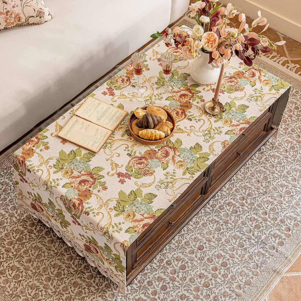 Luxury Chenille Coffee Table Cloth Non-Slip Silicone Backing Heavyweight French Damask Jacquard with