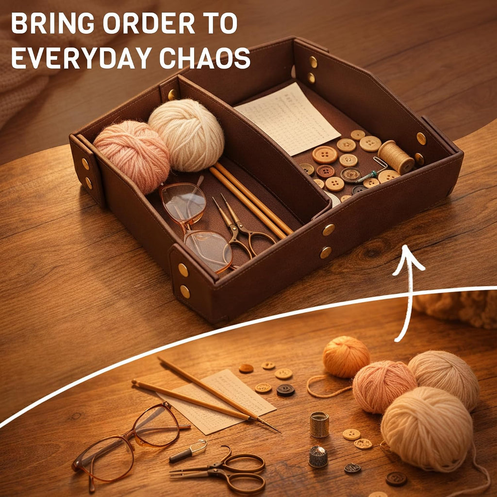 Valet Tray Organizer for Men & Women - PU Leather Catch All Tray with Removable Divider - EDC Storage for Keys - Set of 2