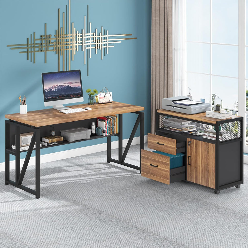 55-inch L Shaped Desk with Drawer Cabinet, Executive Computer Desk and lateral File Cabinet