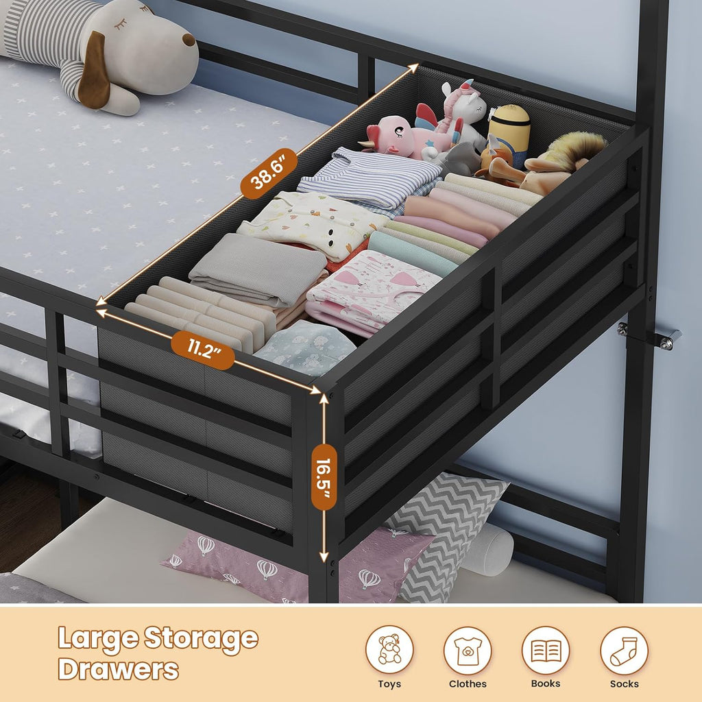 Triple Bunk Bed Twin with House, 4 Storage Drawers, Charging Station and LED Lights