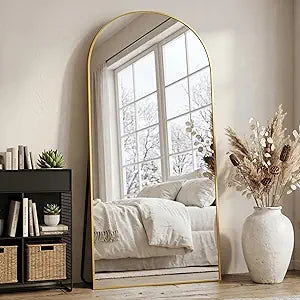 76"X34" Arched Full Length Mirror with Stand, Free Standing Leaning Wall Mounted Aluminum Alloy Frame Mirror Living