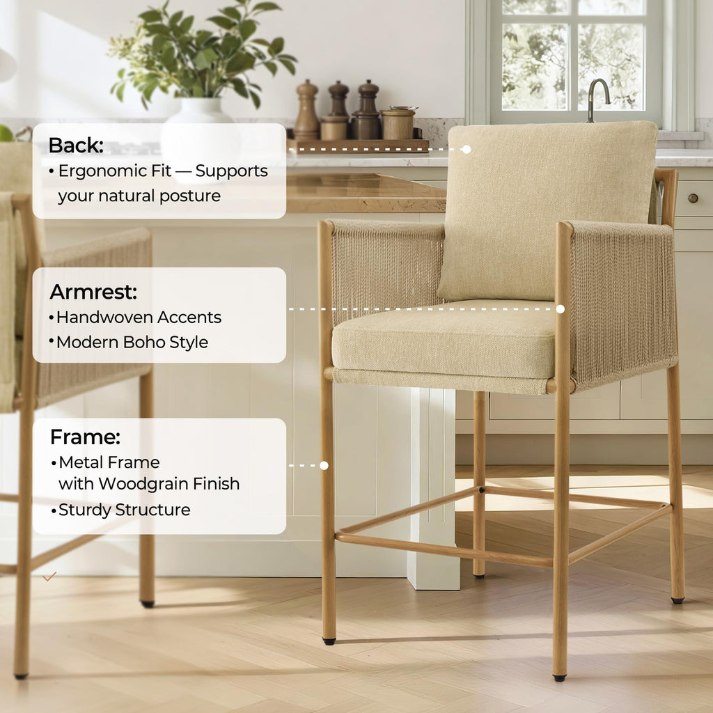 Boho Rope Counter Height Bar Stools Set of 2, Modern Upholstered Bar Stools with Handwoven Rope Armrests, Metal Frame