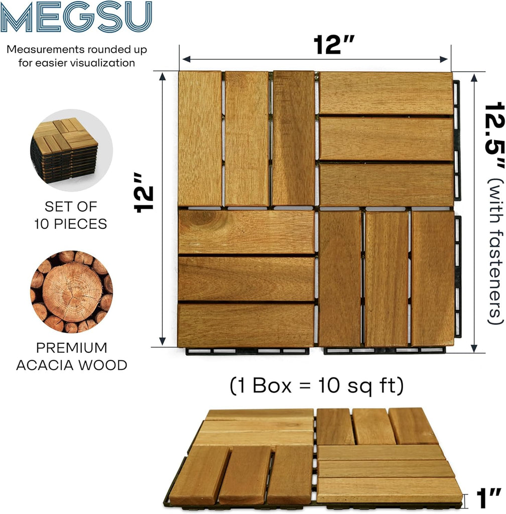 Interlocking Deck Tiles - 12"x12" Indoor & Outdoor Flooring Tiles, Wood Deck Tiles for Balcony & Backyard, Weather & UV