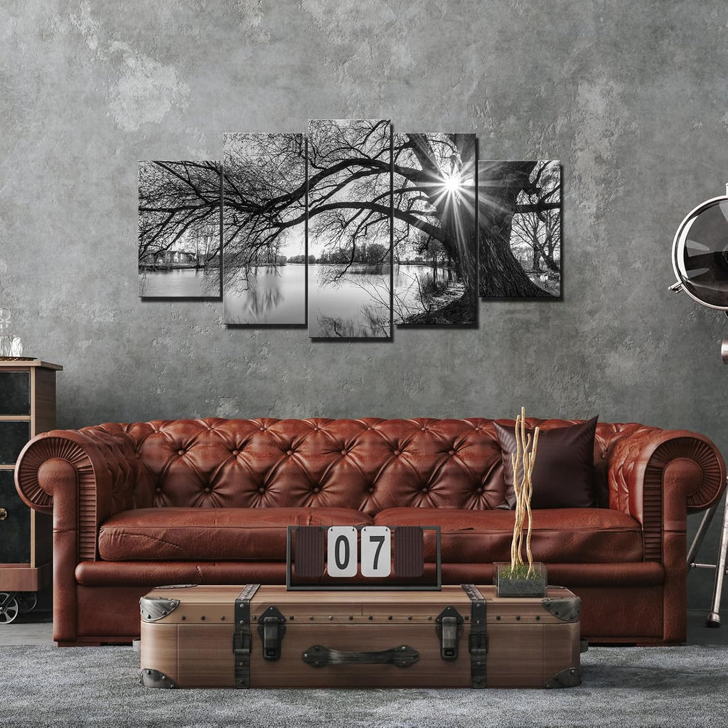 5 Pieces Wall Art Old Tree by Lake Picture Canvas Prints Sunrise Painting Black and White Landscape Canvas Art Modern