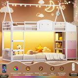 Bunk Bed Twin Over Twin with 3 Storage Drawers and Shelves, House Shaped Bunk Bed with Stairs and Guardrail