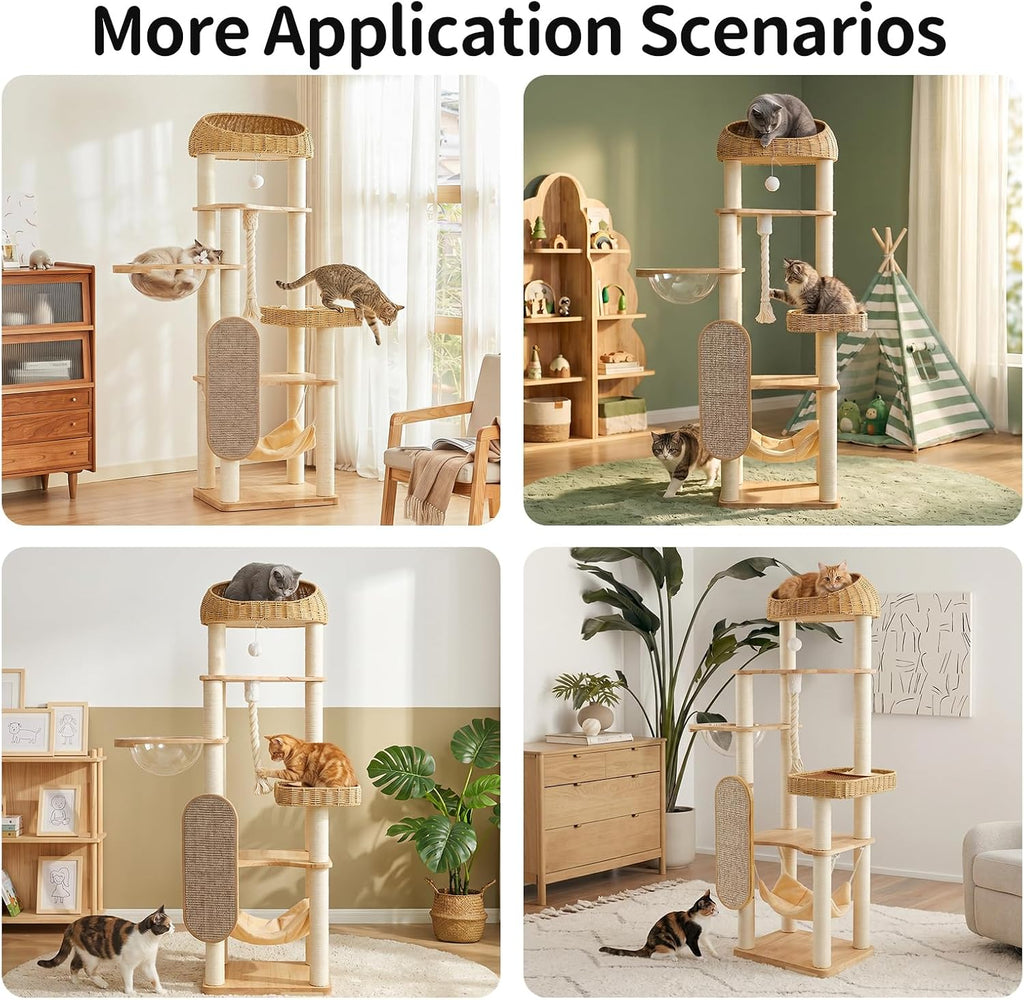 Solid Rubberwood Cat Tree Tower with Scratching Post, Hammock Ect, 65 Inch Hight