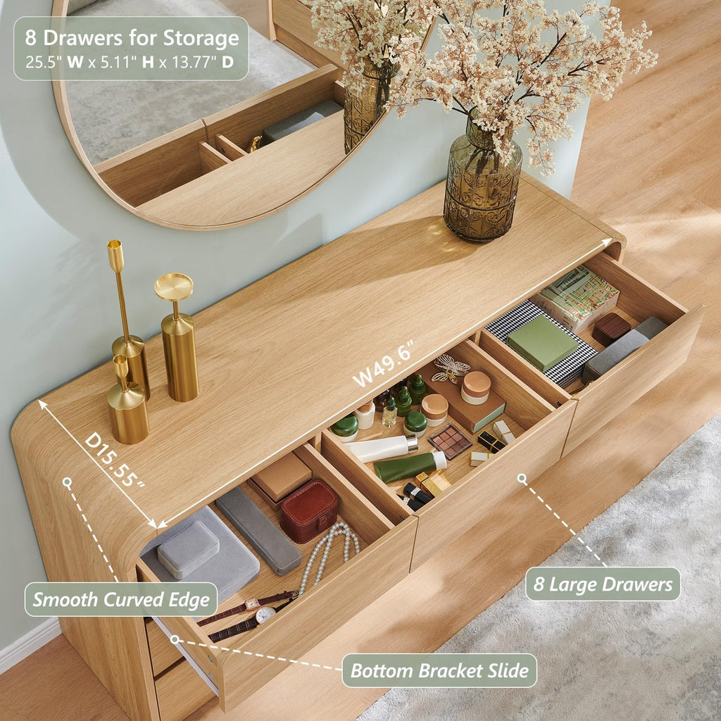 Modern 8 Drawers Dresser , 55" Wide Dressers & Chest of Drawers w/Curved Profile Design, Wood Mid Century Storage