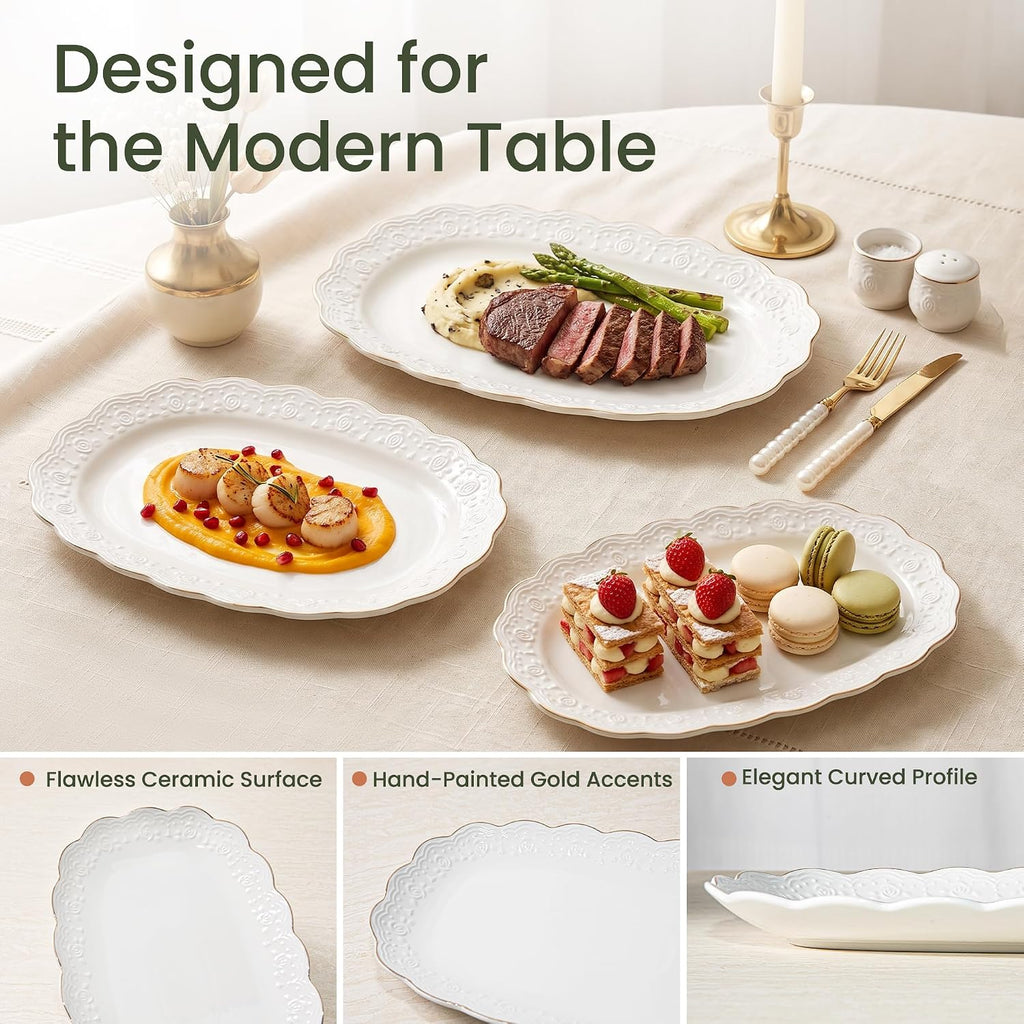 Ceramic Serving Platter Set | 16"/14"/12" Oval Serving Trays for Entertaining at Parties and Weddings | Oven Safe