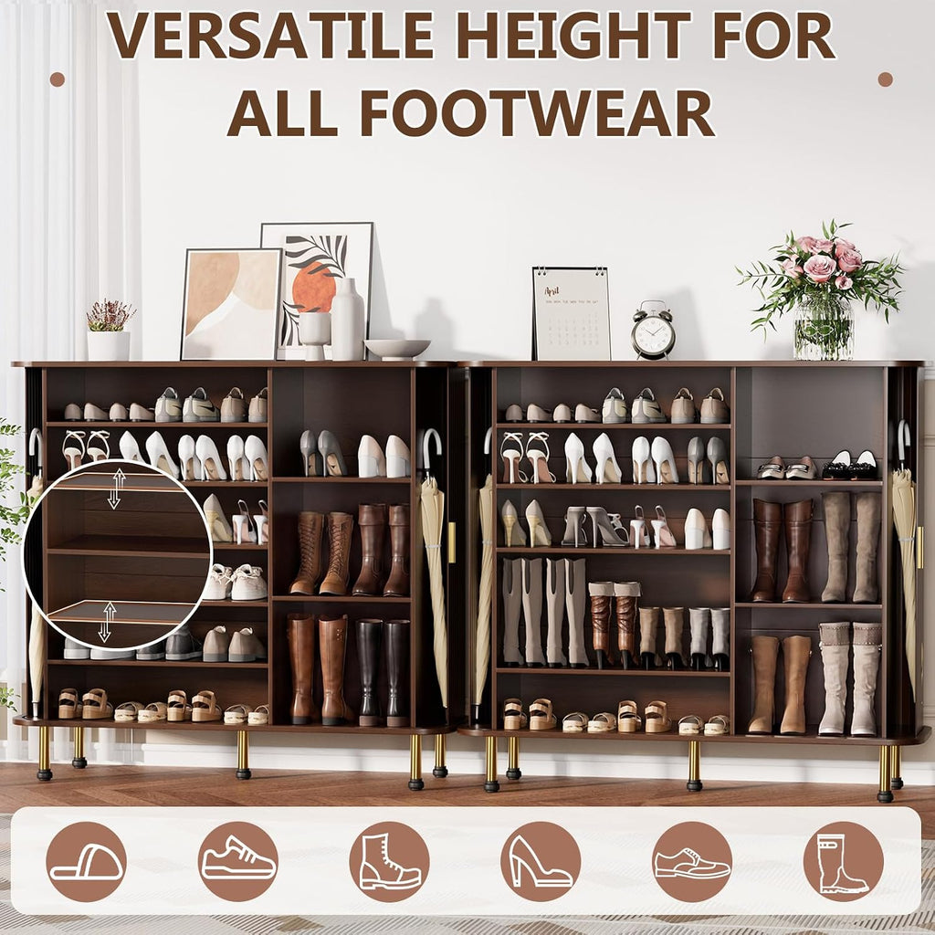 6-Tier 47'' Shoe Cabinet with Sliding Door, Wooden Shoe Storage Cabinet with Adjustable Shelves, Mid-Century Modern