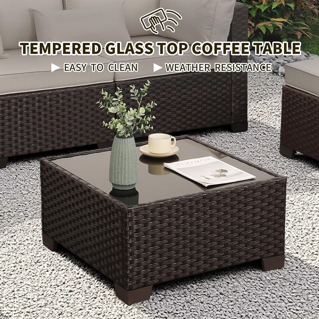 Outdoor Patio Furniture Set 7 Pieces Wicker Sectional Sofa Brown Rattan Conversation Couch with Coffee Table