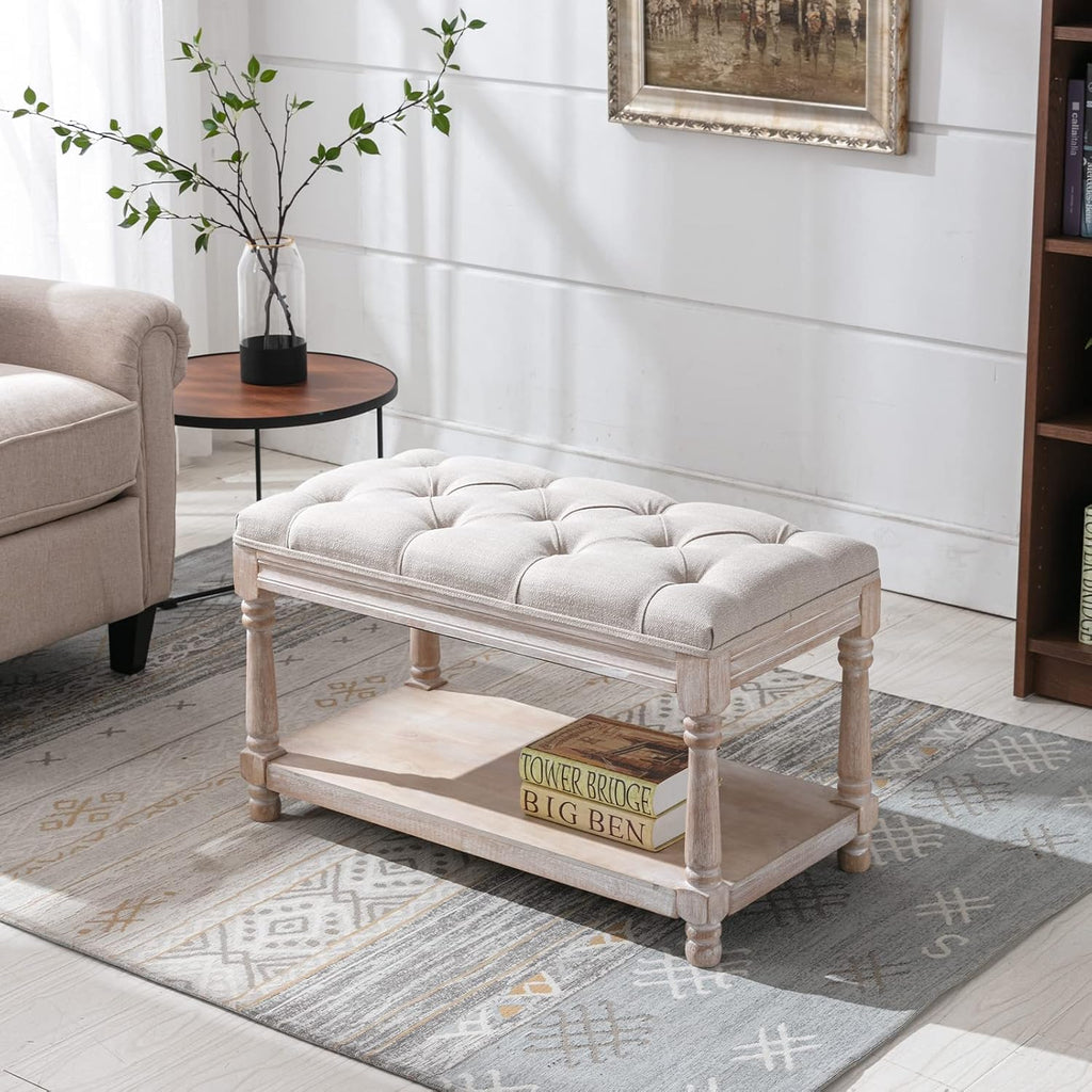 Farmhouse Storage Bench Wooden Entryway Linen Upholstered Ottoman Button Tufted Bench End of Bed Hallway Organizer
