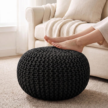 Round Pouf Ottoman - Hand Knitted Boho Poof Footrest- Black