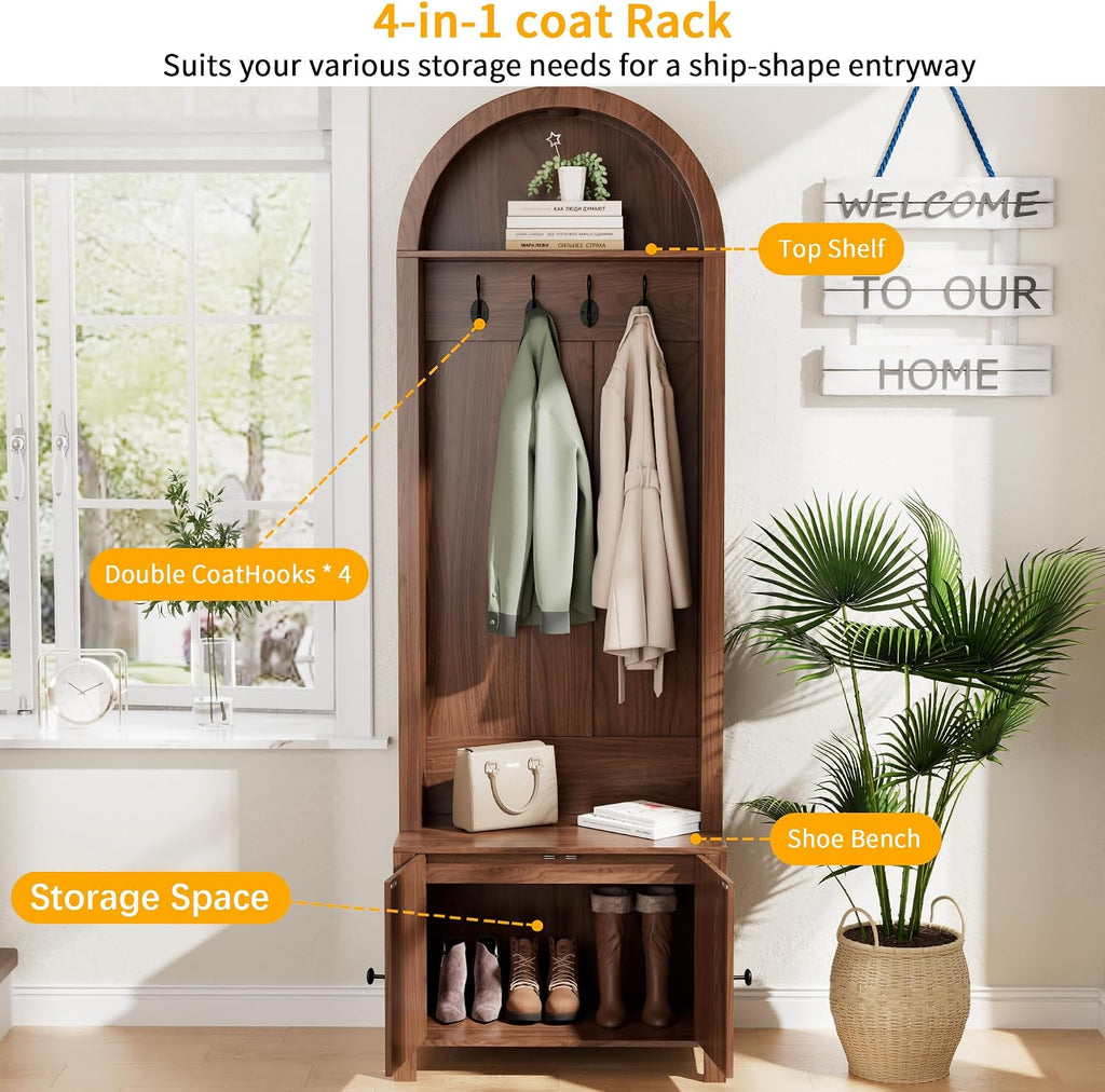 Hall Tree with Bench and Shoe Storage, Entryway Storage Bench with Coat Rack, 70.9"Arch Coat Rack with 4 Hooks and 2