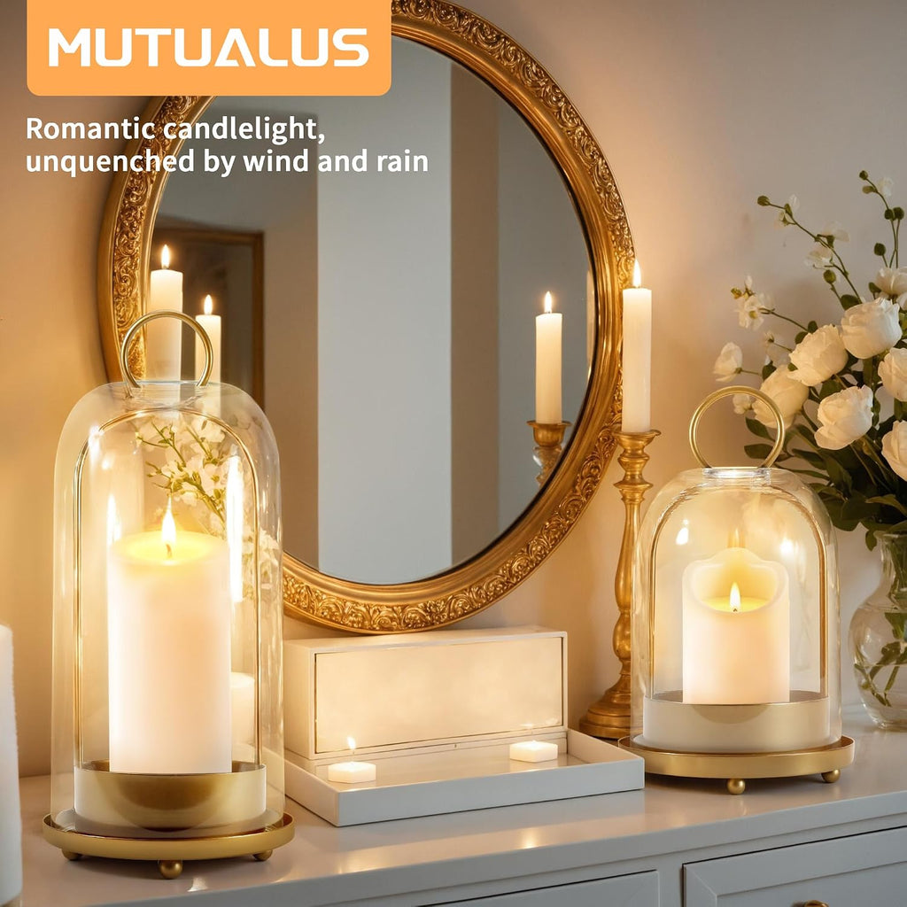 Hurricane Glass Candle Holders, Large & Medium Brass Lanterns Hurricane Candlestick Holder for Pillar Candles