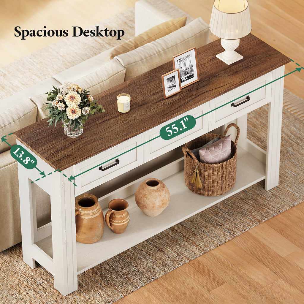 55" Farmhouse Console Table with 3 Drawers, Rustic Entryway Table