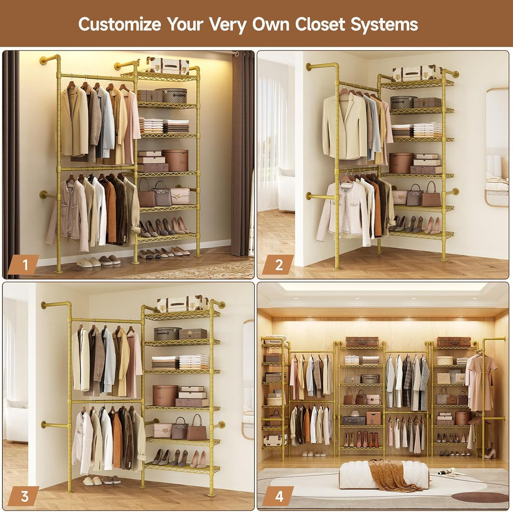 Wall Mounted Garment Rack, Walk-in Closet System with Expandable Rods, Adjustable Shelves, Industrial Pipe Clothing