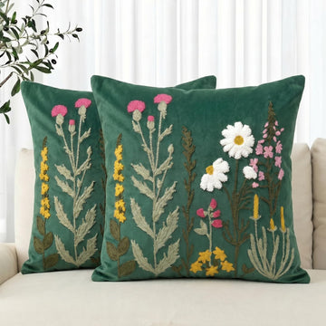 Spring Summer Floral Daisy Embroidered Throw Pillow Covers, 18 x 18 Inch Green Colorful Flowers Decor Tufted