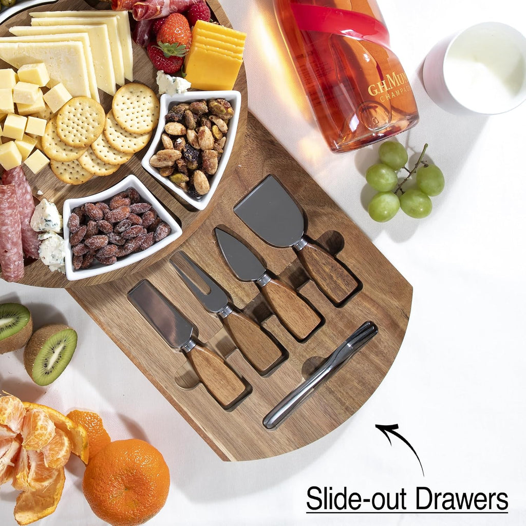 Acacia Cheese Board & Knife Set, Round Charcuterie Board with Ceramic Bowls, Hidden Slide-Out Drawer & Serving