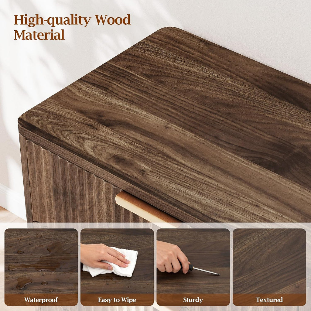 23.6" Wide Fluted Nightstand with 3 Drawers, Walnut Wood Night Stand, Modern Mid Century Bedside Table , Wooden