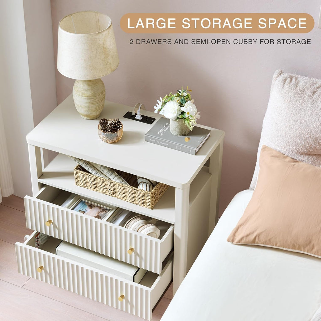 Fluted Nightstand with Charging Station Set of 2, 27.3" Wide Modern Bedside Table with 2 Drawers & Open Shelf, Large