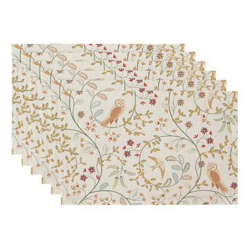 Boho Table Placemats Set of 6, 12"x18" Linen Place Mats, Forest Birds