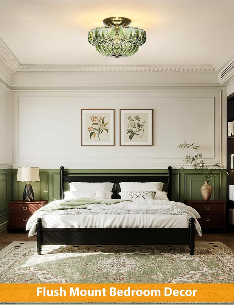 11" Semi-Flush Mount Ceiling Light,3-Bulb Green Glass Hallway Light Fixture | Indoor Lighting,Gold Close to Ceiling