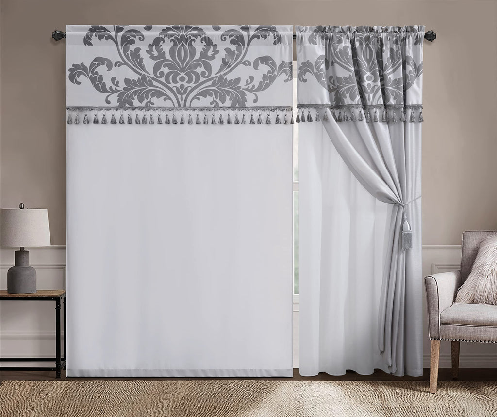 Royale 4-Piece Jacquard Floral Window Curtain/Drape Set with Sheer Backing Valance Tassels, Silver/Gray