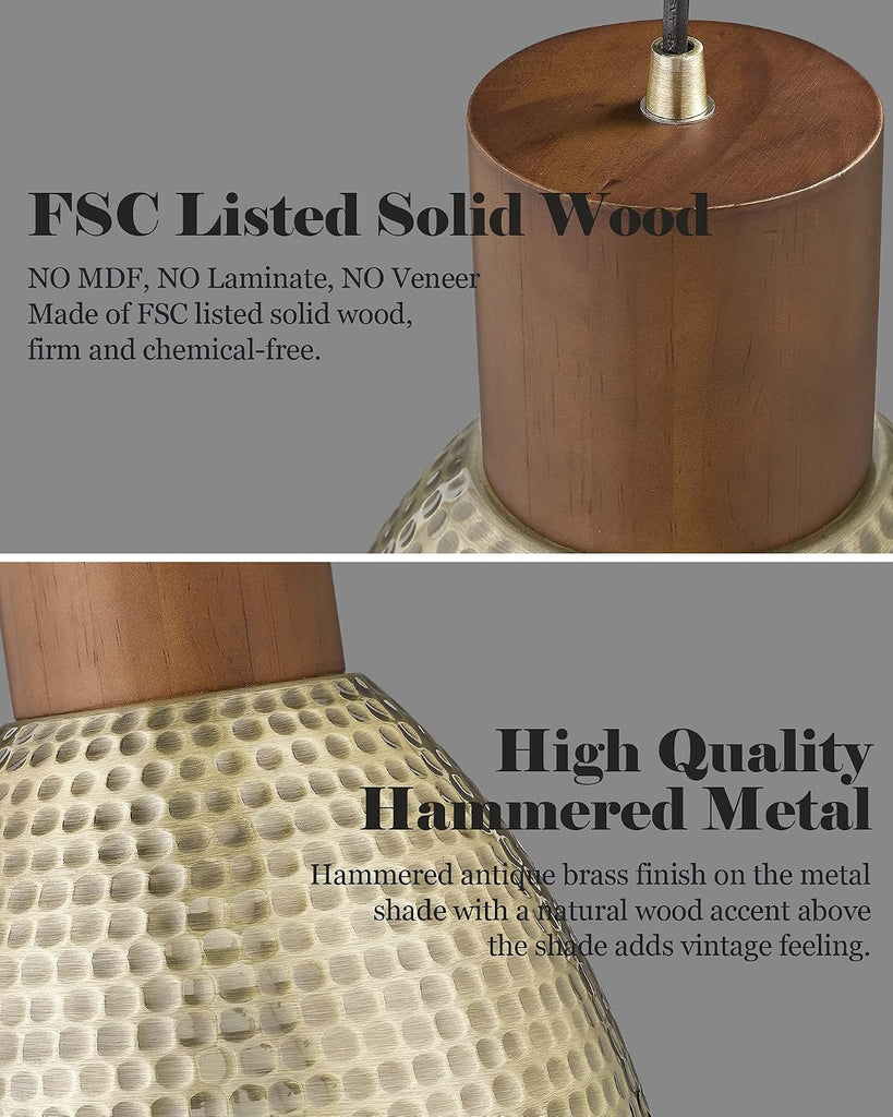 2 Pack Hammered Pendant Light Fixtures, 10.2" Vintage Metal Solid Wood Hanging Bar Lamp, Mid Century Antique Gold