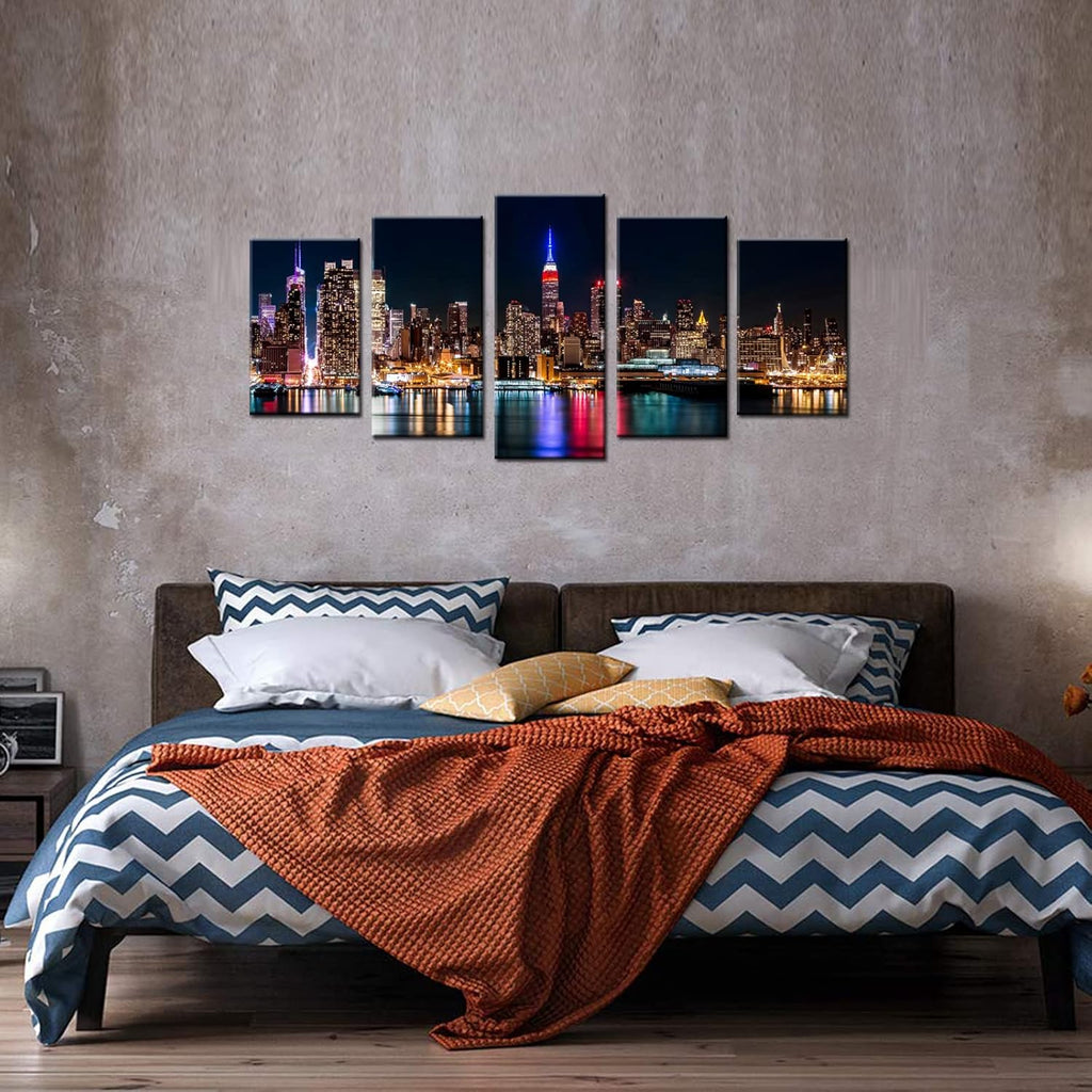 New York City Canvas Wall Art Manhattan Skyline at Night Picture Prints Modern Home Office Wall Decoration Stretched