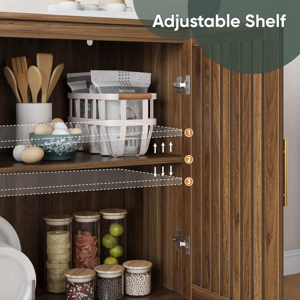 63" Long Sideboard Buffet with 4 Slatted Doors, Farmhouse Buffet Storage Cabinet with Adjustable Shelf