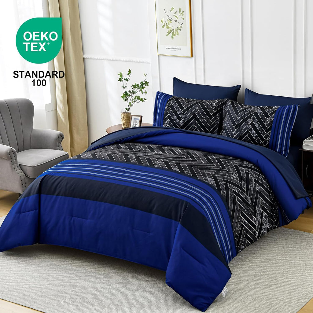 Blue Comforter Set, 7 Pieces Stripe Geometric Bed in a Bag, Geometric Comforter and Sheet Set