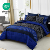 Luxudecor Blue Comforter Set Queen, 7 Pieces Stripe Geometric Bed in a Bag, Geometric Comforter and Sheet Set